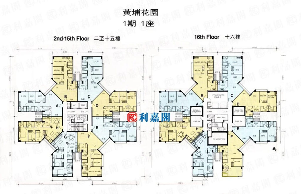 Floor plan of Ying Curve Garden building showing two wings with labeled rooms and corridors across 2nd15th and 16th floors Chinese text present