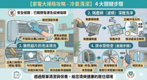 Infographic showing 4 step home appliance cleaning 1 safety  power off and unplug 2 vacuum and wash the deep filtermesh 3 foam clean the evaporator with spray then rinse 4 inspect and clear drainage pipe to prevent leaks