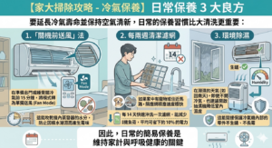 Infographic about daily humidity care three tips for home cooling filtration and dehumidification written in Chinese panels and illustrations of an air conditioner filter and window
