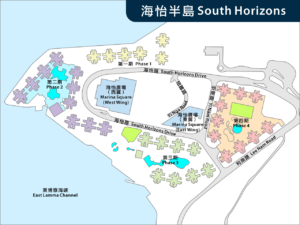 Map of South Horizons area showing phases streets and Marina Square West Wing near the East Lamma Channel