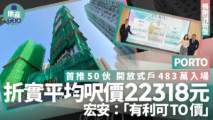 Collage of a green wrap construction site with an inset real estate presentation panel and large Chinese headline about price and opening PORTO branding
