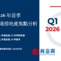 Cover slide for a report 2026 Q1 Hong Kong real estate focus analysis by Ricacorp Properties blue left panel with Chinese text white right panel with Q1 2026 logo