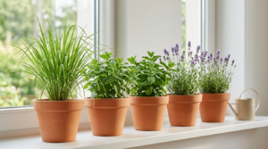 Row of terracotta pots on a sunlit windowsill growing herbs tall grassy plant mint another leafy herb and lavender with purple flowers with a white watering can at the right edge
