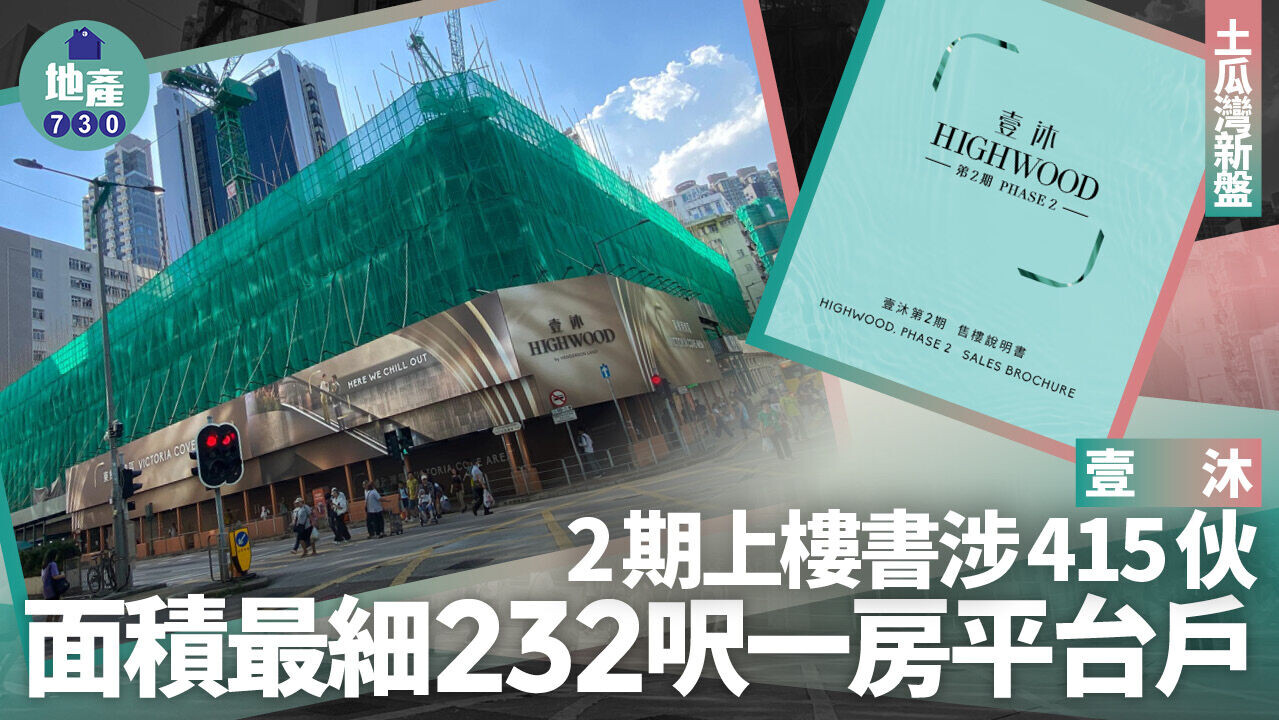 Collage showing a construction site wrapped in green netting, a Highwood sales brochure, and bold Chinese headlines about a new property development.