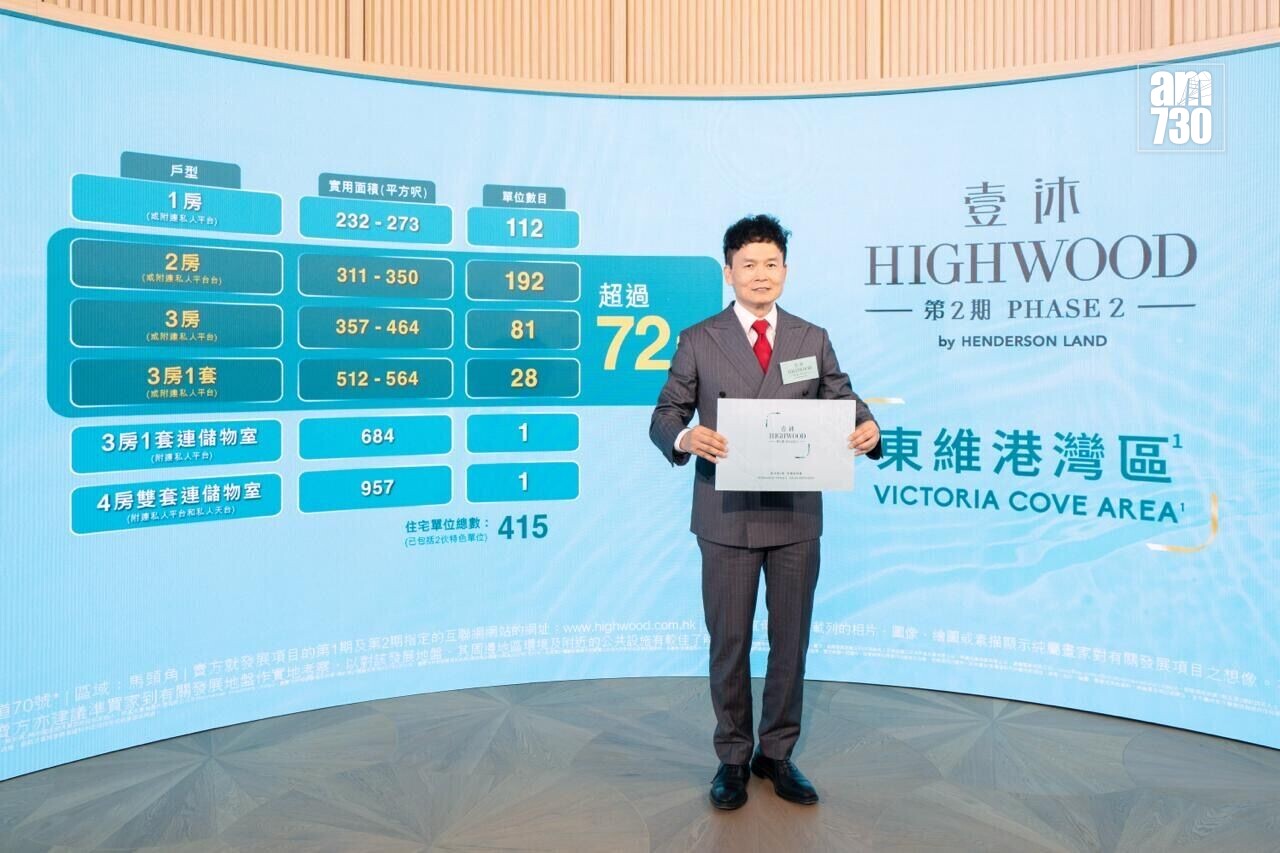 Man in a gray suit holding a certificate in front of a blue display wall for a real estate event (Highwood/Victoria Cove Area).
