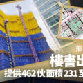 Collage showing a high rise under yellow and blue netting with a crane a framed blueprint inset and bold Chinese text announcing a new property brochure with 462 units sized 231 to 890 square feet