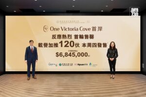 Two business professionals stand on either side of a large beige promotional banner for One Victoria Cove