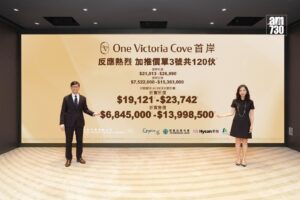Two professionally dressed presenters stand on each side of a large beige promotional backdrop with bold pricing text and logos likely at a real estate or launch event
