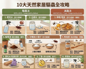 十大全部天然居家驅蟲攻略海報分成驅蟲法與滅蟲法配有實作圖示與步驟說明