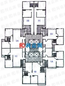 Top down floor plan of a multi wing building with a central core elevatorsstairs and rooms labeled 1A3C around it