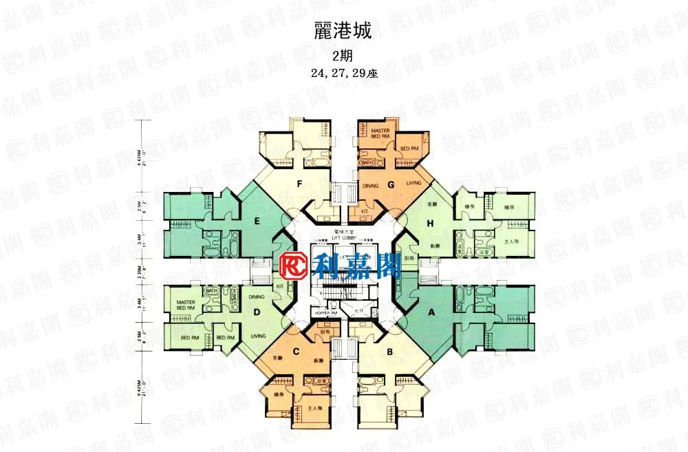 30rc00045062wdojnvvn | 利嘉閣地產有限公司 Floor plan of a circular multi wing apartment building with a central lift lobby wings labeled AH extend outward each containing living rooms and bedrooms