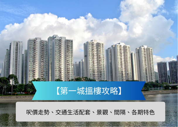 Row of tall residential high-rises by a river under a blue, cloudy sky with a blue promotional banner across the middle.