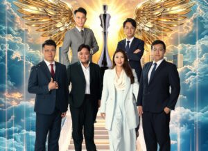 Six professionals in business attire stand on a stairway with a glowing trophy and golden wings behind them conveying achievement and teamwork