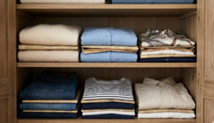 Closet shelf with neatly folded sweaters shirts and jeans on wooden racks