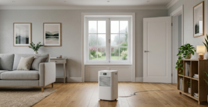 White portable dehumidifier on a wooden living room floor by a large window with gray sofa nearby