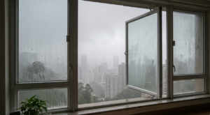 Rain streaked window open to a misty cityscape of tall apartment buildings on a cloudy day with a plant on the windowsill nearby