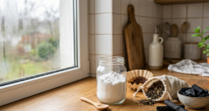 Jar of white flour on a wooden counter by a rain speckled window with spices in cloth bags and charcoal chunks nearby in a kitchen setting