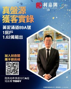 Promotional Ricacorp Properties poster announcing a 1 bedroom rental at 89A Wong Nai Chung Road for HK200 featuring a suited agent Teddy in a white hexagon frame a QR code and company logos