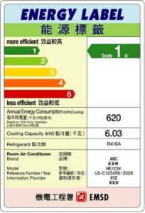 faqlabel | 利嘉閣地產有限公司 Energy label showing Grade 1 efficiency with color coded bars annual energy use 620 kWh cooling capacity 603 kW refrigerant R410A