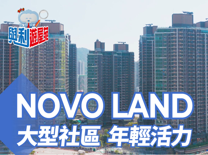 Promotional banner for Novo Land housing development featuring tall apartment buildings and bold blue text.