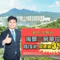 Man in a dark suit giving a thumbs up beside a red promotional sign with Chinese text with a city skyline and mountains in the background