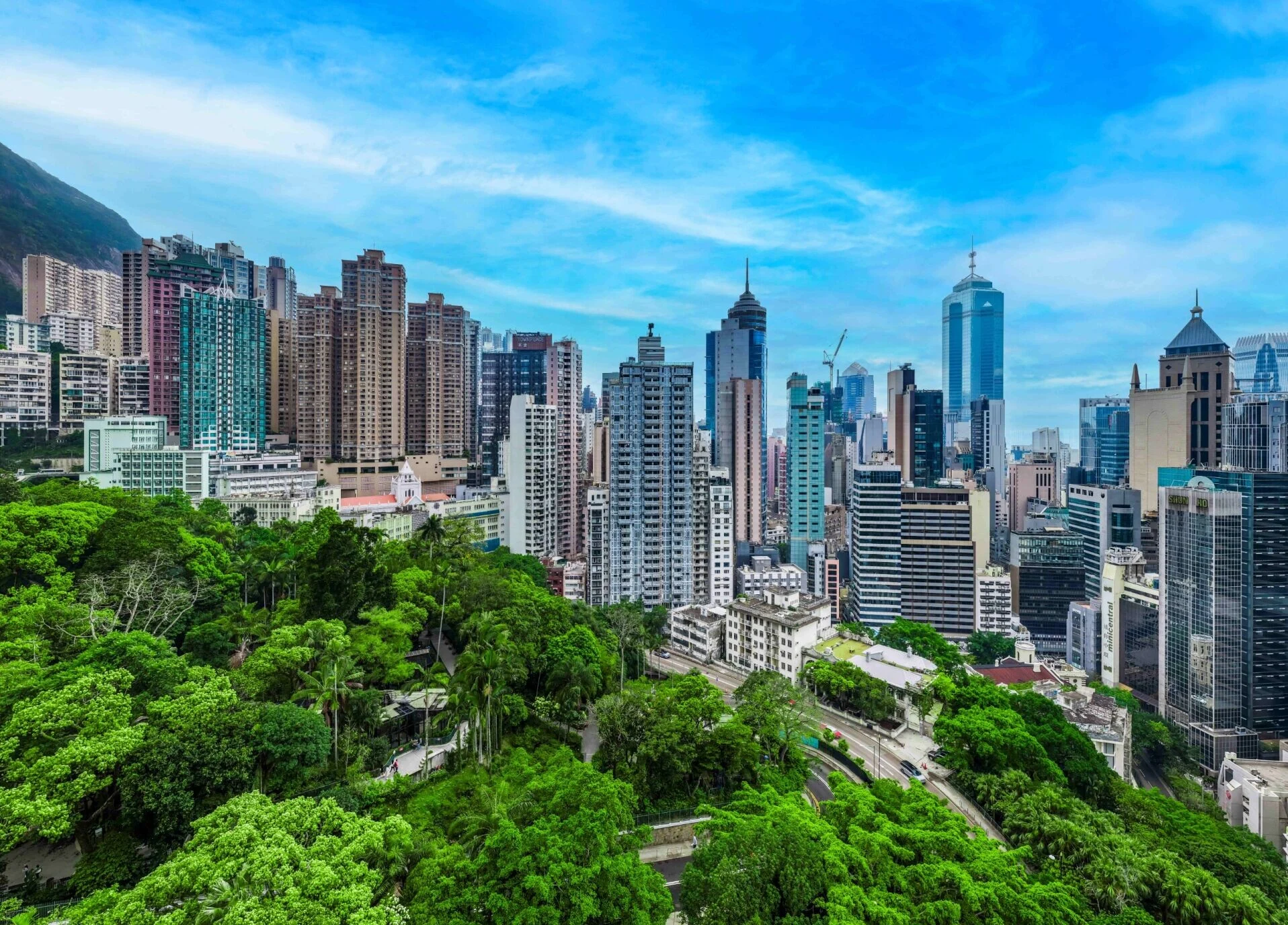 Dense city skyline behind a lush green park and trees under a blue sky.
