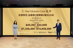 Promotional banner reading One Victoria Cove in English with Chinese pricing details flanked by a woman in blue on the left and a man in a suit on the right