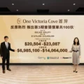 Two professionally dressed individuals stand at opposite ends of a large beige ad banner featuring Chinese text and English title One Victoria Cove